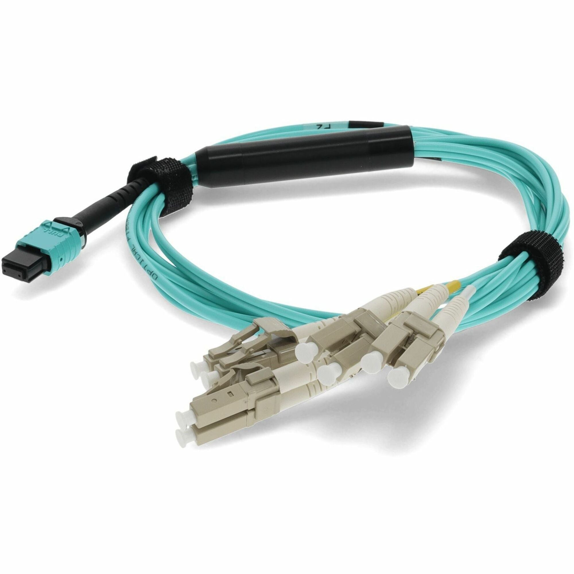 AddOn 10m MPO/UPC to 4xLC/UPC Duplex Aqua OM3 OFNR (Riser-Rated) 8-Strand Fiber Fanout Cable - ADD-MPO-4LC10M5OM3