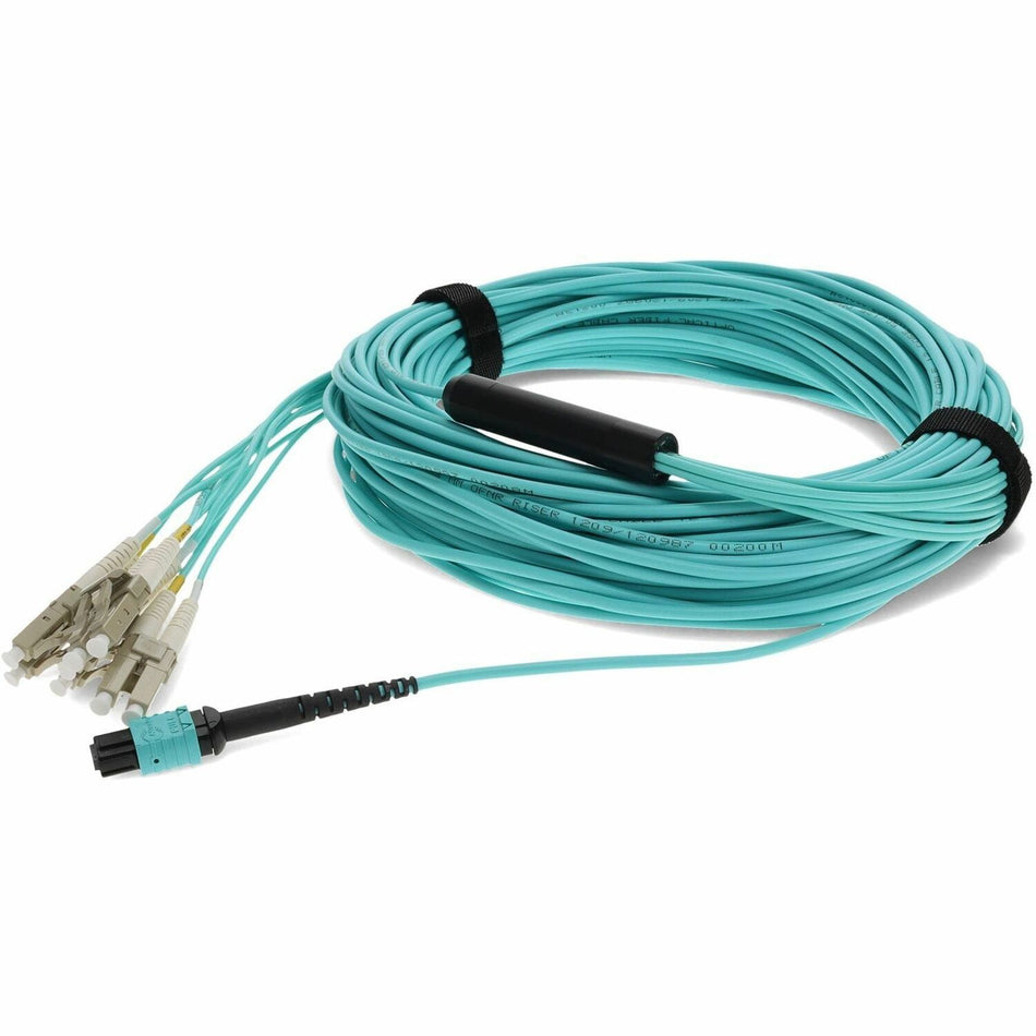 AddOn 20m MPO/UPC to 4xLC/UPC Duplex Aqua OM3 OFNR (Riser-Rated) 8-Strand Fiber Fanout Cable - ADD-MPO-4LC20M5OM3