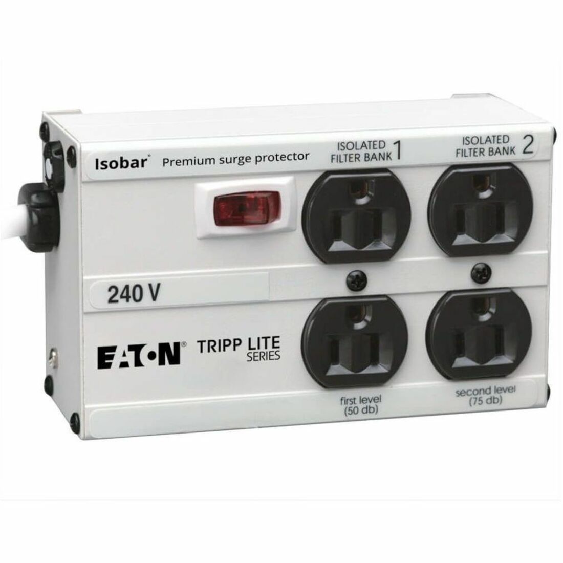 Eaton Tripp Lite Series Isobar 4-Outlet 230V Surge Protector, 6 ft. (1.83 m) Cord with Right-Angle Plug, 330 Joules, Metal Housing - ISOBAR4/220