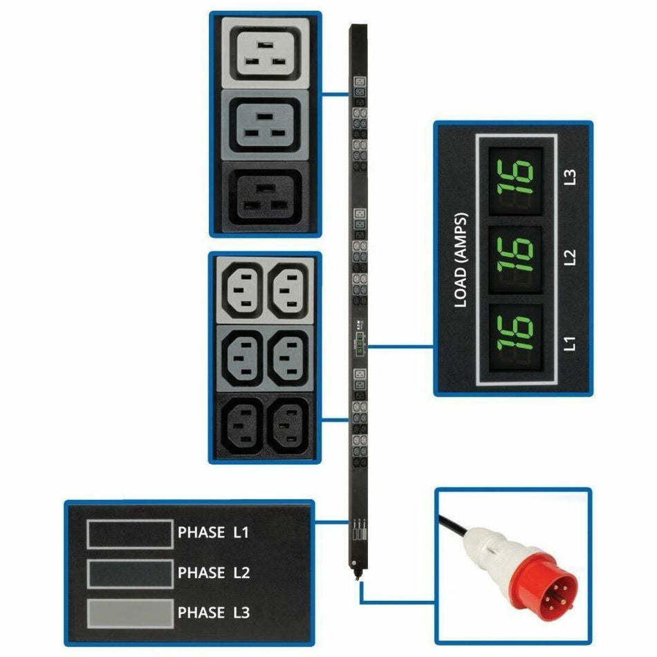 Eaton Tripp Lite Series 11.5kW 3-Phase Local Metered PDU, 208-240V (36 C13 & 9 C19), IEC-309 16/20A Red, 360-415V Input, 6 ft. (1.83 m) Cord, 0U Vertical, TAA - PDU3XMV6G20