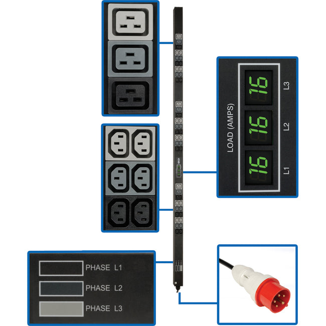 Tripp Lite by Eaton 11.5kW 3-Phase Local Metered PDU, 208-240V (36 C13 & 9 C19), IEC-309 16/20A Red, 360-415V Input, 6 ft. (1.83 m) Cord, 0U Vertical - PDU3XMV6G20