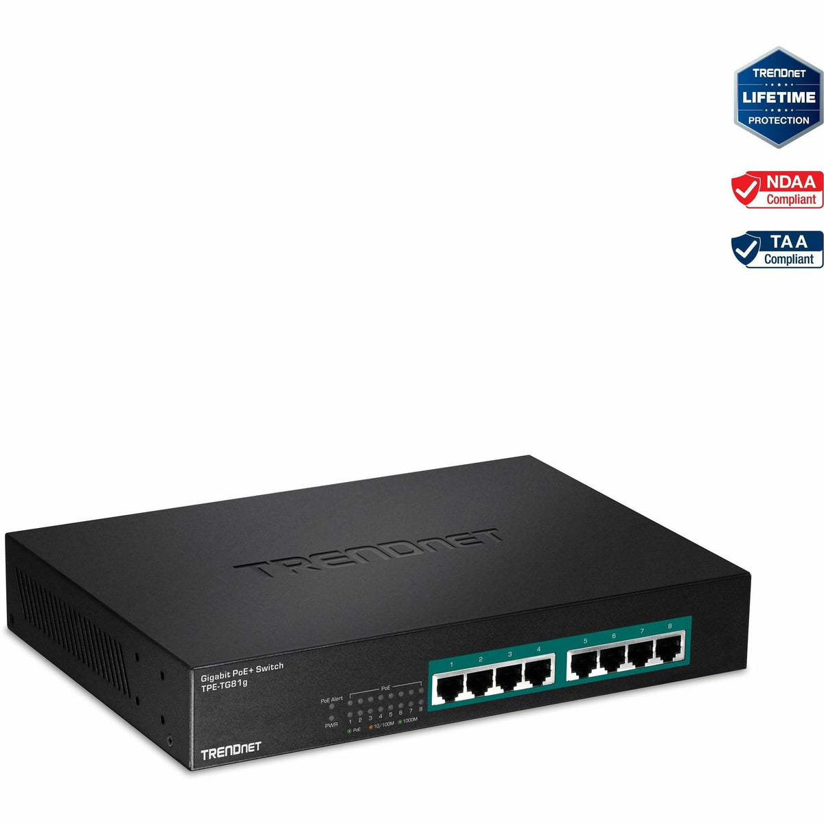 TRENDnet 8-Port Gigabit GREENnet PoE+ Switch; TPE-TG81g; 8 x Gigabit PoE+ Ports; Rack Mountable; Up to 30 W Per Port with 110 W Total Power Budget; Ethernet Network Switch; Metal; Lifetime Protection - TPE-TG81g