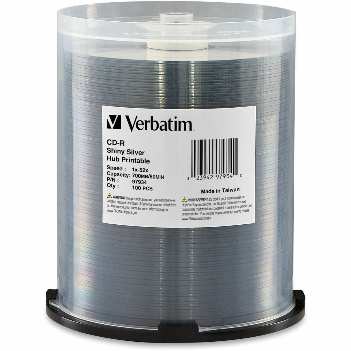 Verbatim CD-R 700MB 52X Shiny Silver Silk Screen Printable, Hub Printable - 100pk Spindle - 97934