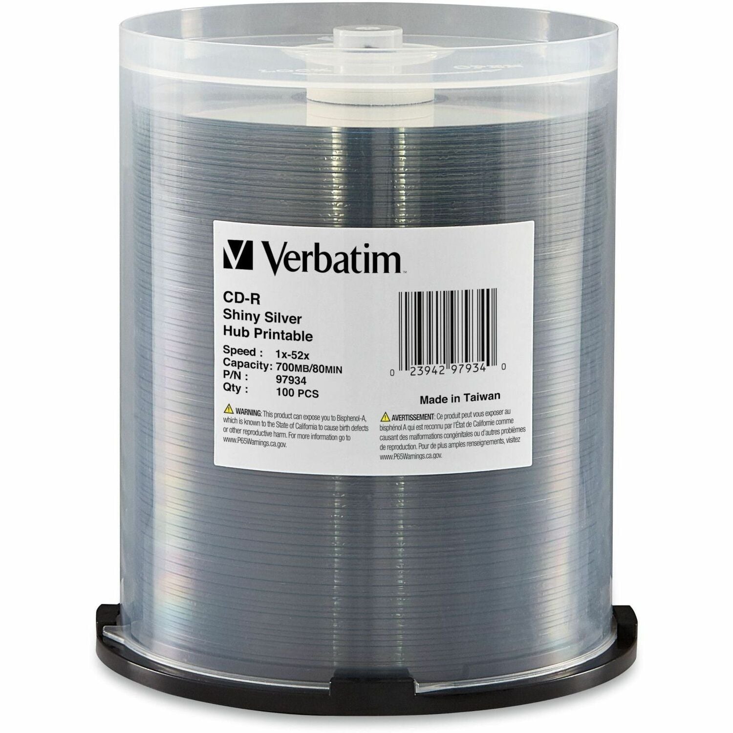 Verbatim CD-R 700MB 52X Shiny Silver Silk Screen Printable, Hub Printable - 100pk Spindle - 97934