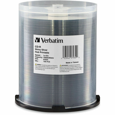 Verbatim CD-R 700MB 52X Shiny Silver Silk Screen Printable, Hub Printable - 100pk Spindle - 97934
