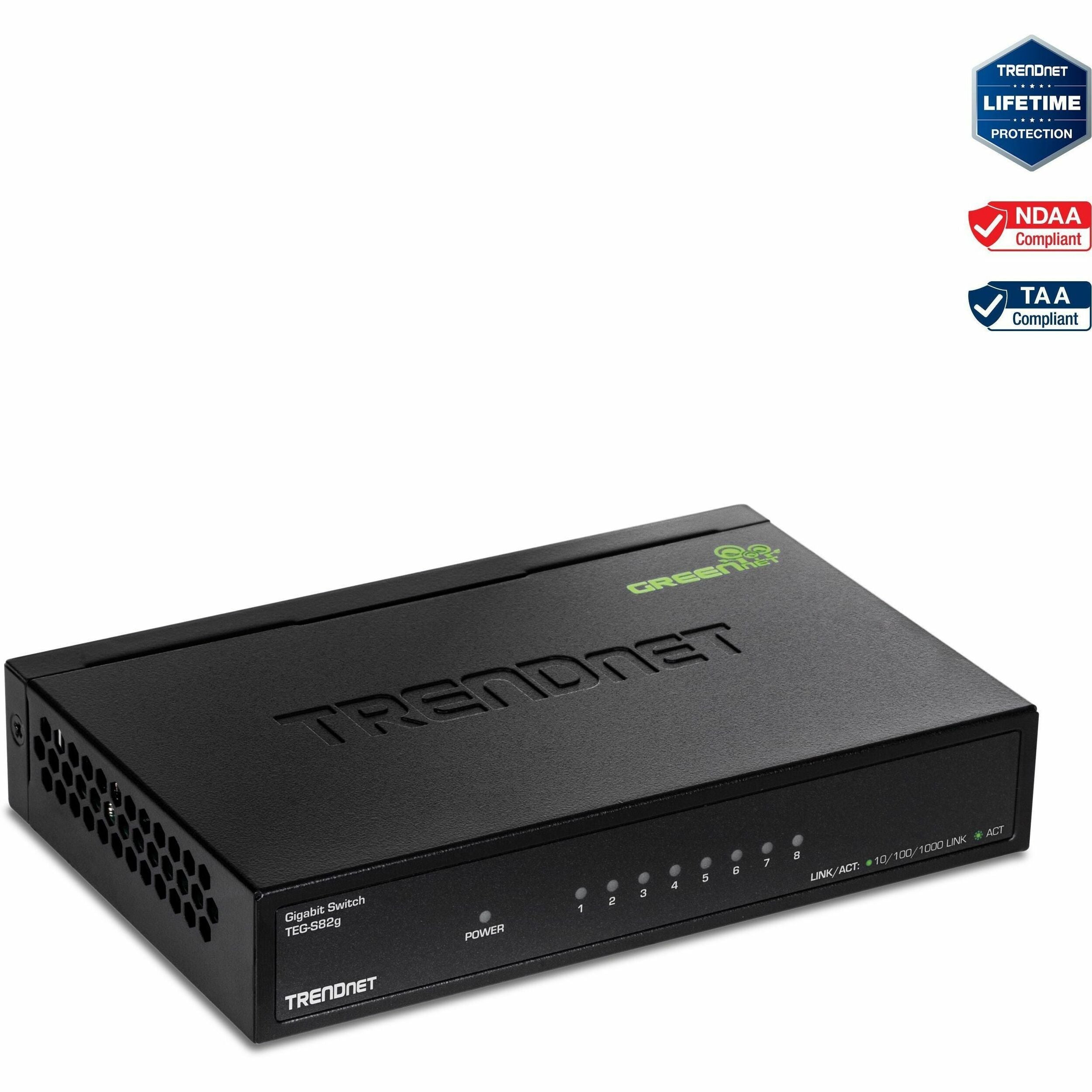 TRENDnet 8-Port Gigabit GREENnet Switch, Ethernet Network Switch, TEG-S82G, 8 x 10-100-1000 Mbps Gigabit Ethernet Ports, Ethernet Splitter, 16 Gbps, Metal, Lifetime Protection, Black - TEG-S82g