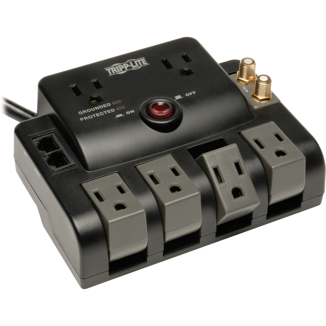 Eaton Tripp Lite Series Protect It! 6-Outlet Surge Protector - 4 Rotating Outlets, 5-15P Input, 1440 Joules, Tel/Modem/Coax Protection, Black - TLP606RNET