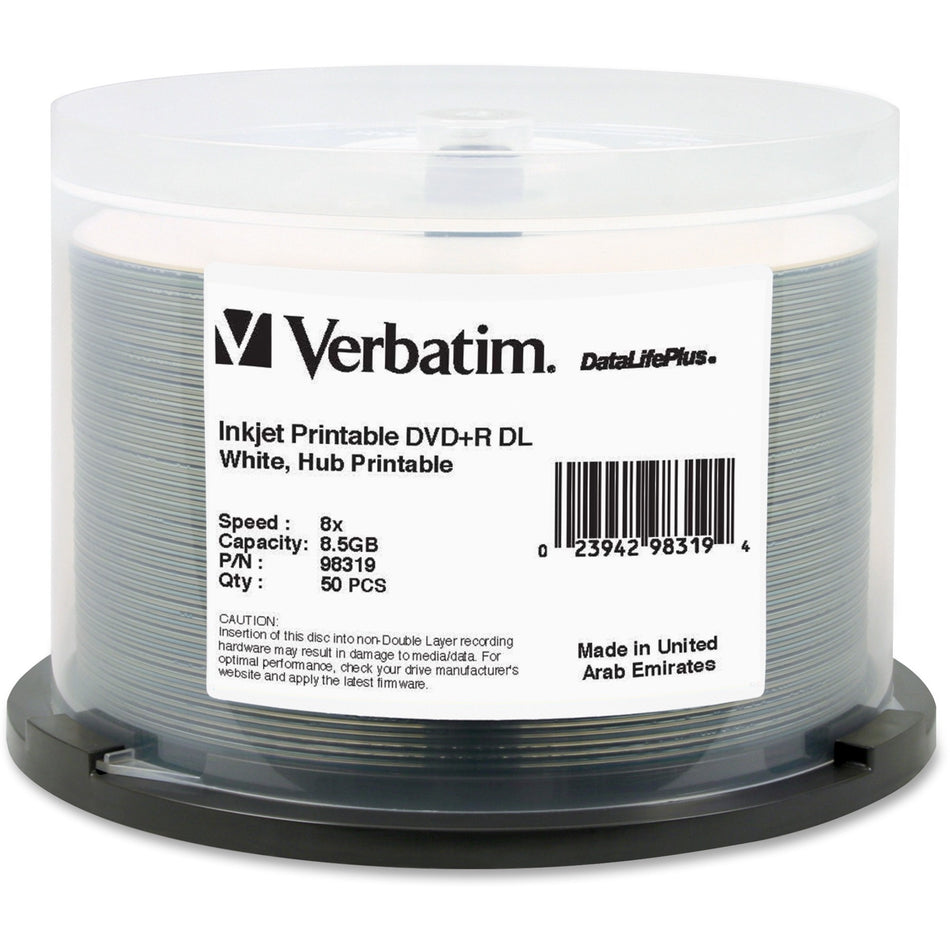 Verbatim DataLifePlus DVD Recordable Media - DVD+R DL - 8x - 8.50 GB - 50 Pack Spindle - White - 98319