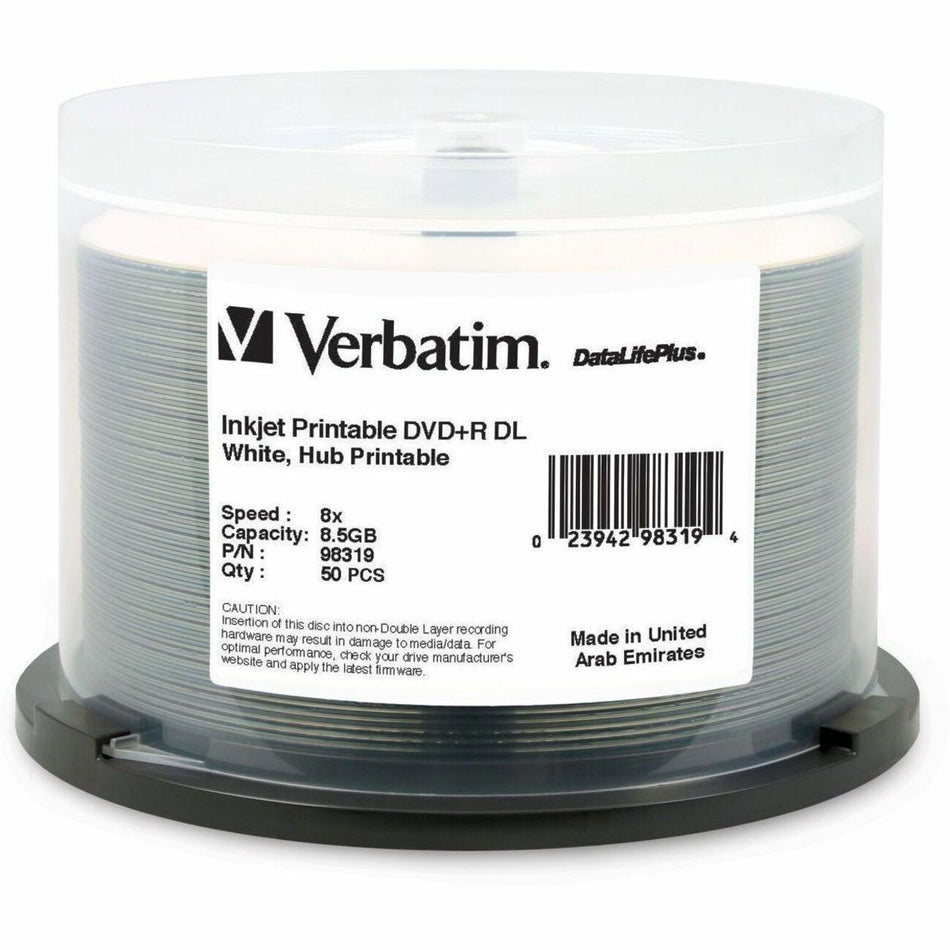Verbatim DataLifePlus DVD Recordable Media - DVD+R DL - 8x - 8.50 GB - 50 / Pack - White - 98319