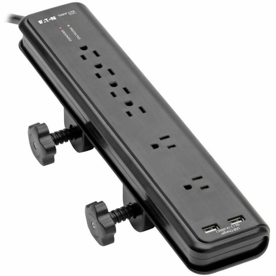 Eaton Tripp Lite Series Protect It! 6-Outlet Clamp-Mount Surge Protector, 6 ft. (1.83 m) Cord, 2100 Joules, 2 x USB Charging ports (2.1A total) - TLP606DMUSB