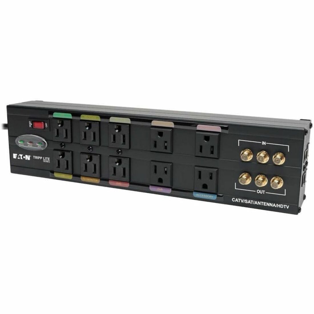 Eaton Tripp Lite Series Isobar 10-Outlet Home/Business Theater Surge Protector, 8 ft. Cord with Right-Angle Plug, 3840 Joules, LEDs, Metal Housing - HT10DBS