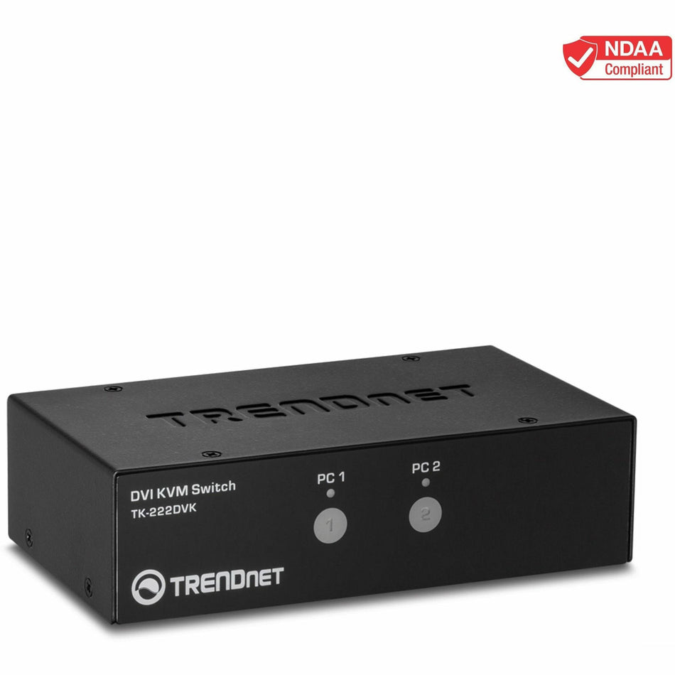 TRENDnet 2-Port DVI KVM Switch with Audio, Manage Two PC's, Hot-Keys, USB 2.0, Metal Housing, Use with a DVID-D Monitor, TK-222DVK - TK-222DVK