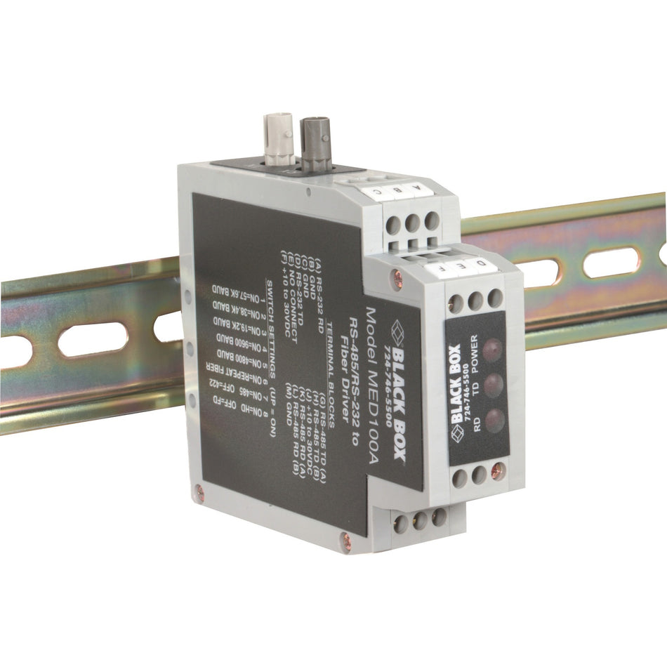 Black Box DIN Rail RS-232/RS-485 To Fiber Driver - MED100A
