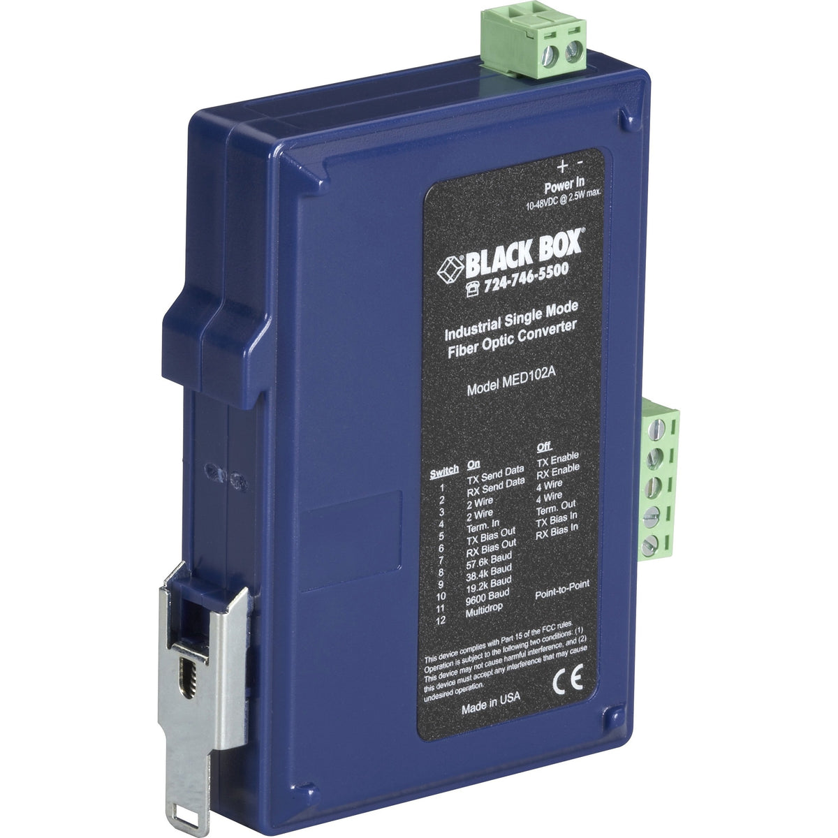 Black Box Industrial DIN Rail RS-232/RS-422/RS-485 Fiber Driver, Single-Mode - MED102A