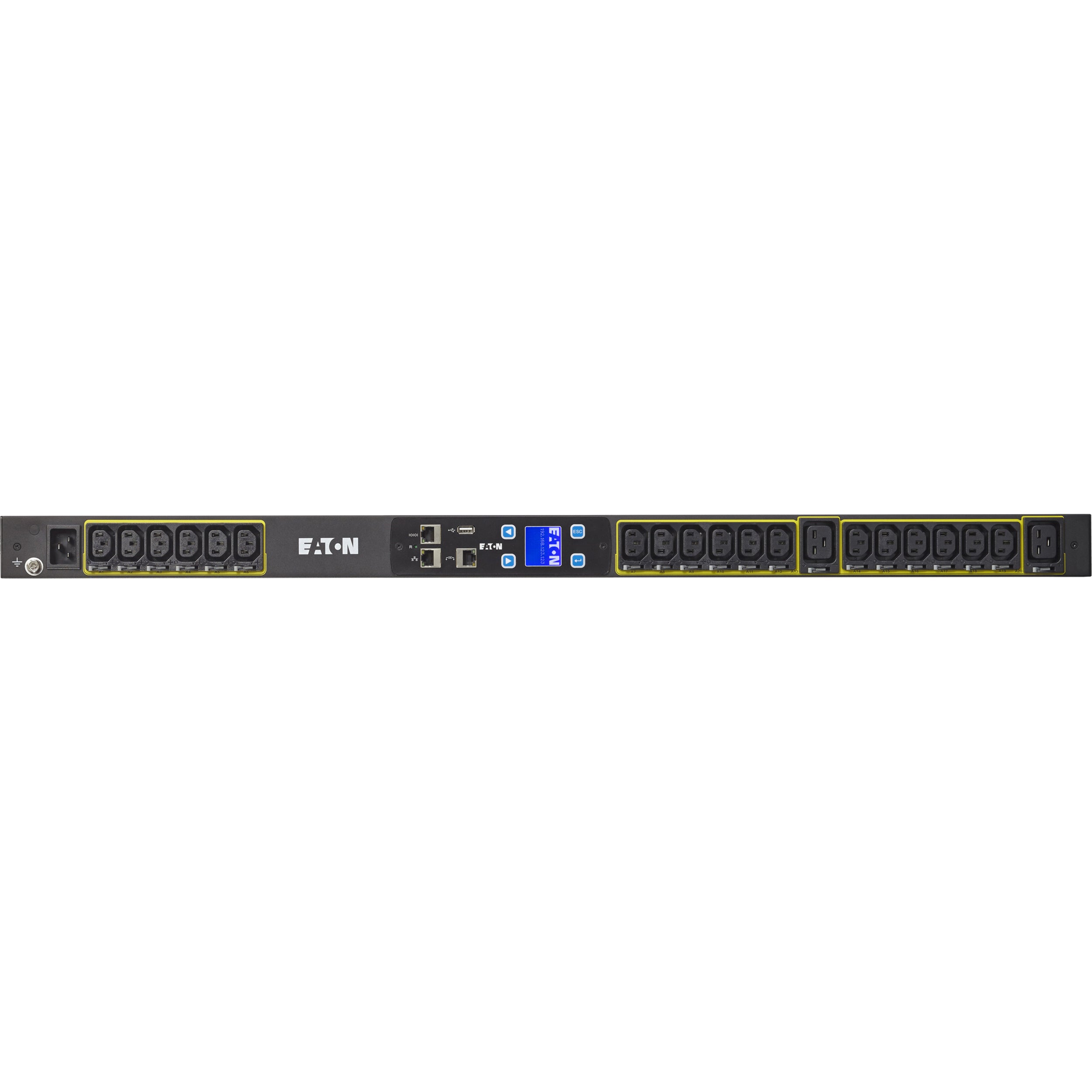 Eaton Metered Input rack PDU, 0U, L6-20P, C20 input, 3.84 kW max, 100-240V, 16A, 10 ft cord, Single-phase, Outlets: (18) C13 Outlet grip, (2) C19 Outlet grip - EMI103-10