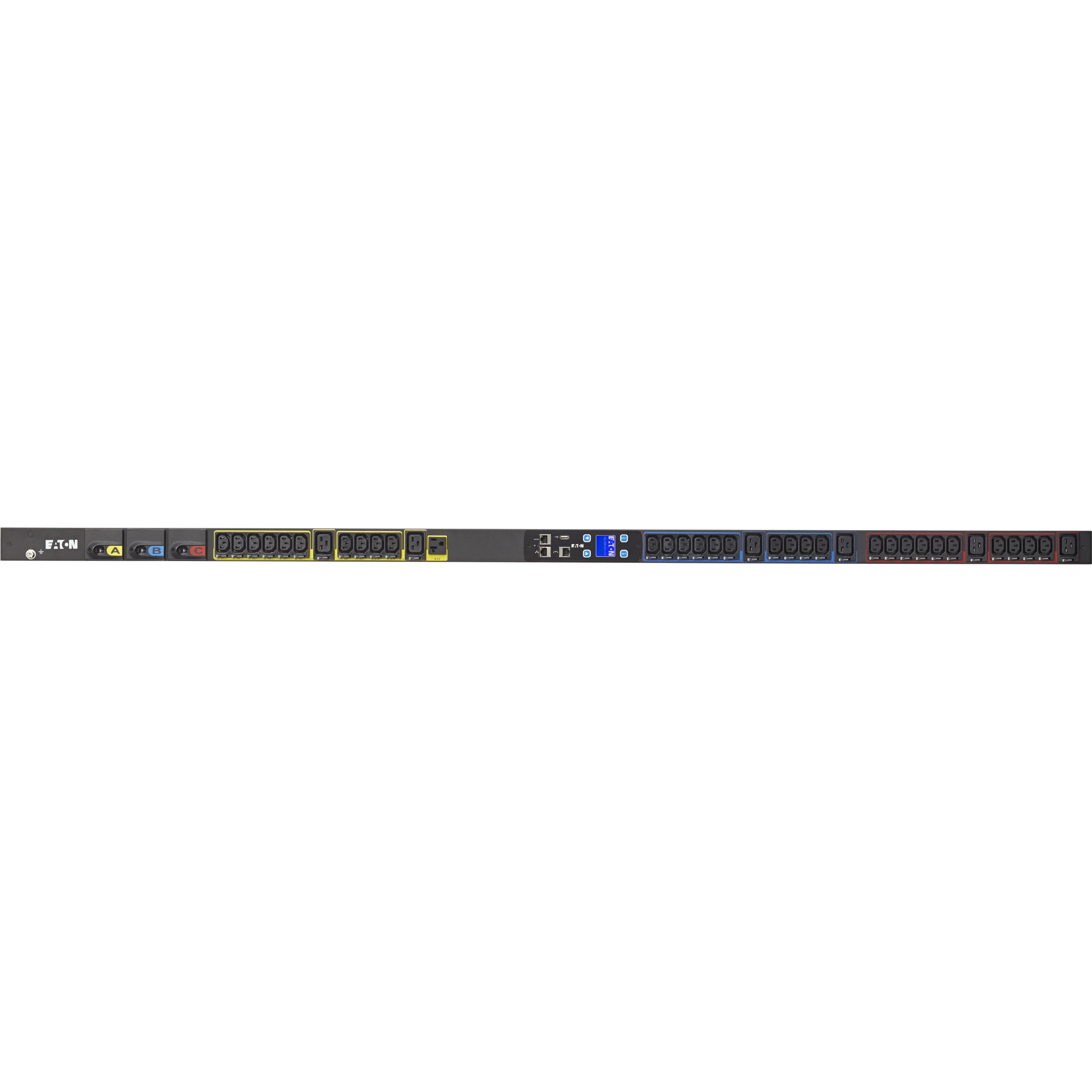 Eaton Metered Input rack PDU, 0U, L21-30P input, 8.64 kW max, 120/208V, 24A, 10 ft cord, Three-phase, Outlets: (1) 5-20R, (30) C13 Outlet grip, (6) C19 Outlet grip - EMI310-10