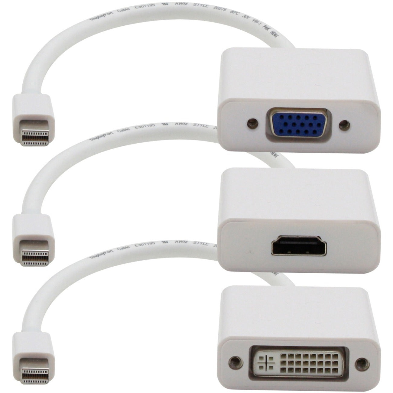 3PK Mini-DisplayPort 1.1 Male to DVI, HDMI, VGA Female White Adapters Which Comes in a Bundle For Resolution Up to 1920x1200 (WUXGA) - MDP2VGA-HDMI-DVI-W