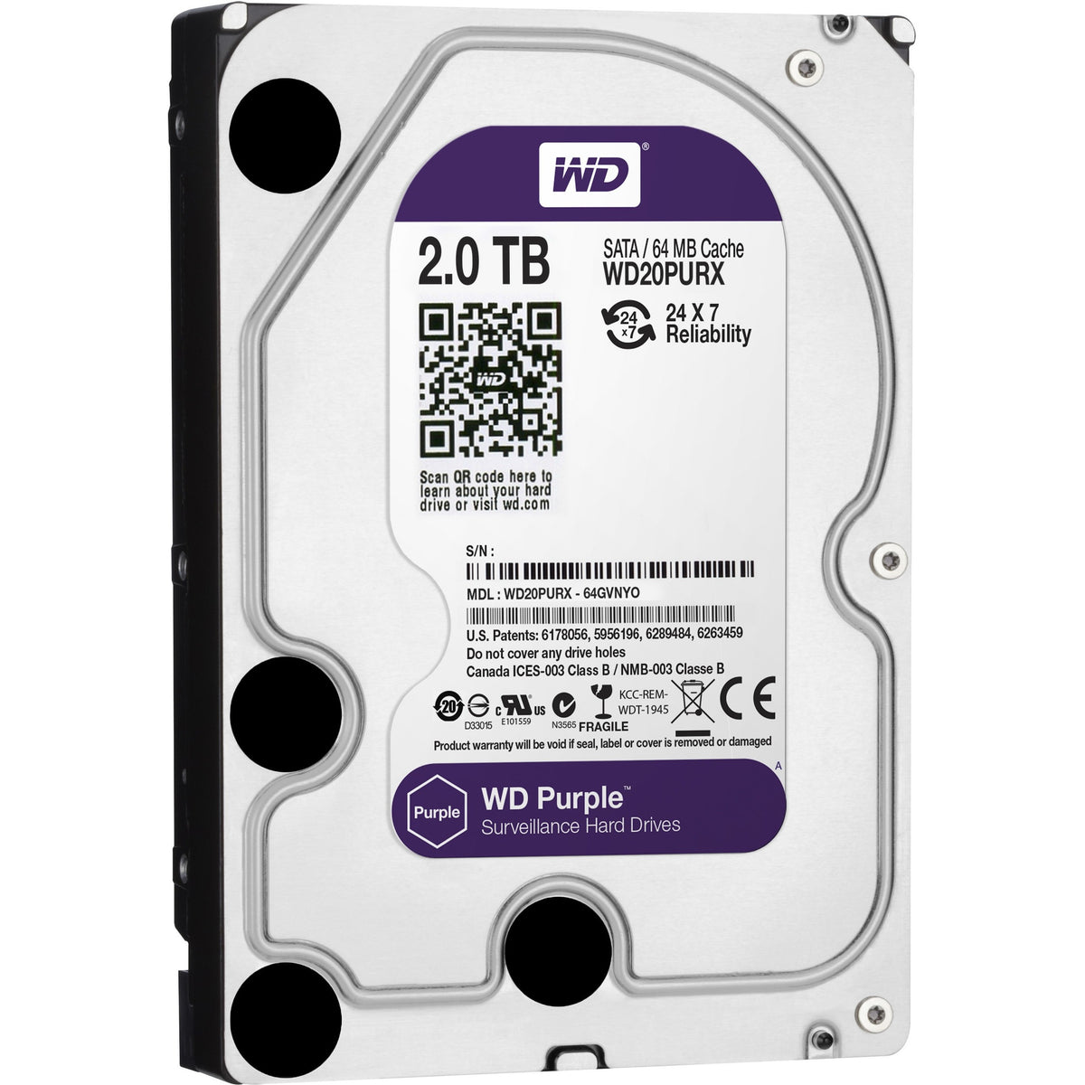 WD Purple WD20PURX 2TB Surveillance 3.5" Internal Hard Drive - WD20PURX