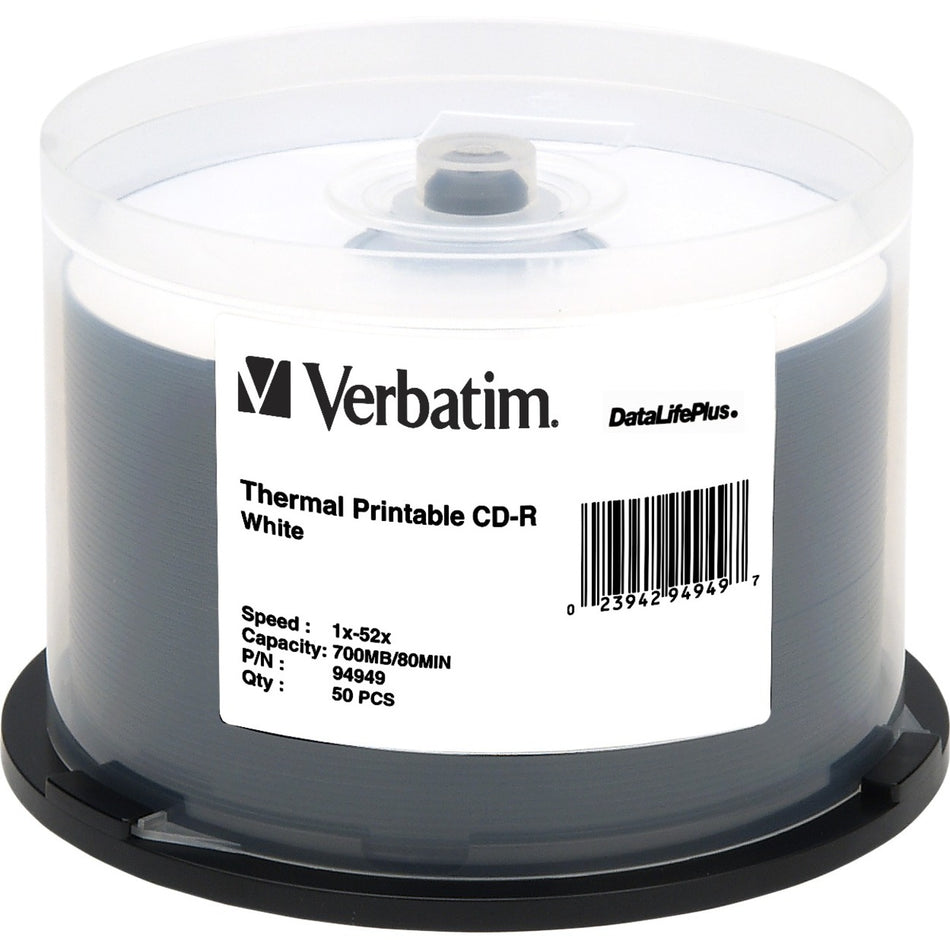 Verbatim CD-R 700MB 52X DataLifePlus White Thermal Printable - 50pk Spindle - 94949
