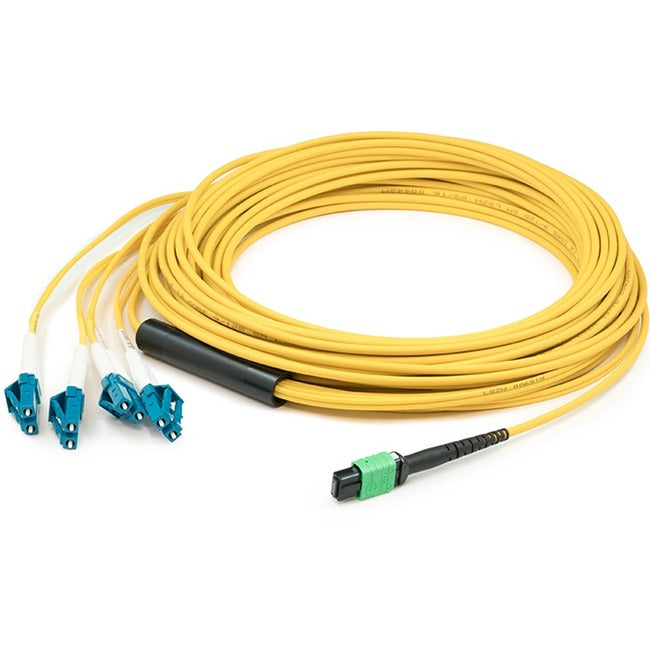 AddOn 30m MPO (Female) to 8xLC (Male) 8-Strand Yellow OS2 OFNR (Riser-Rated) Fiber Fanout Cable - ADD-MPO-4LC30M9SMF