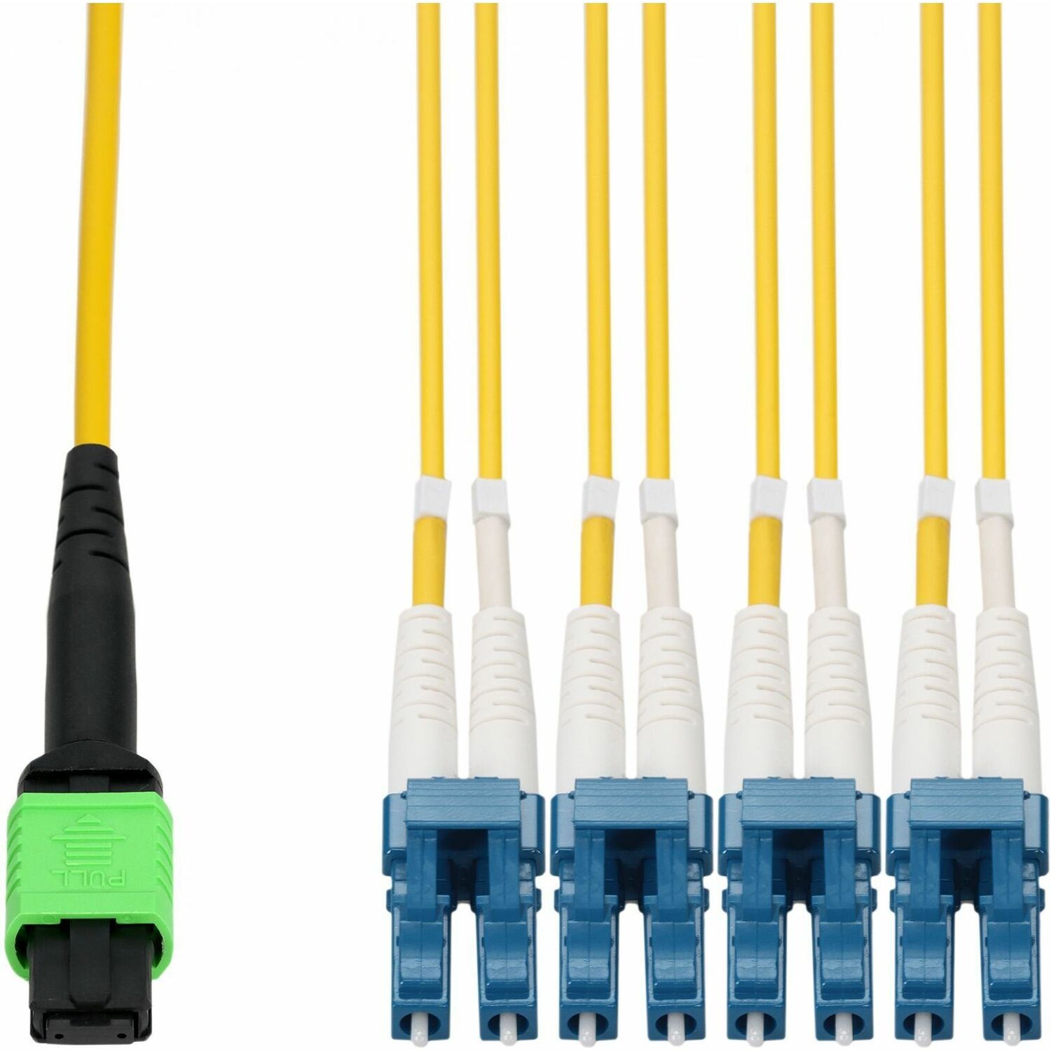 AddOn 15m MPO-12 to 4xLC Duplex (8xLC) Yellow OS2 OFNR (Riser-Rated) 8-Strand SMF Fiber Fanout Cable - ADD-MPO-4LC15M9SMF