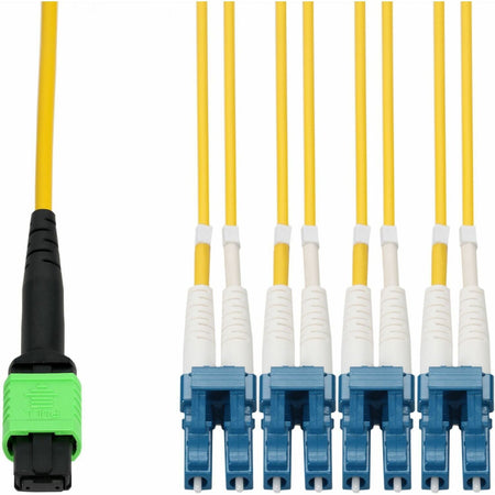 AddOn 15m MPO-12 to 4xLC Duplex (8xLC) Yellow OS2 OFNR (Riser-Rated) 8-Strand SMF Fiber Fanout Cable - ADD-MPO-4LC15M9SMF