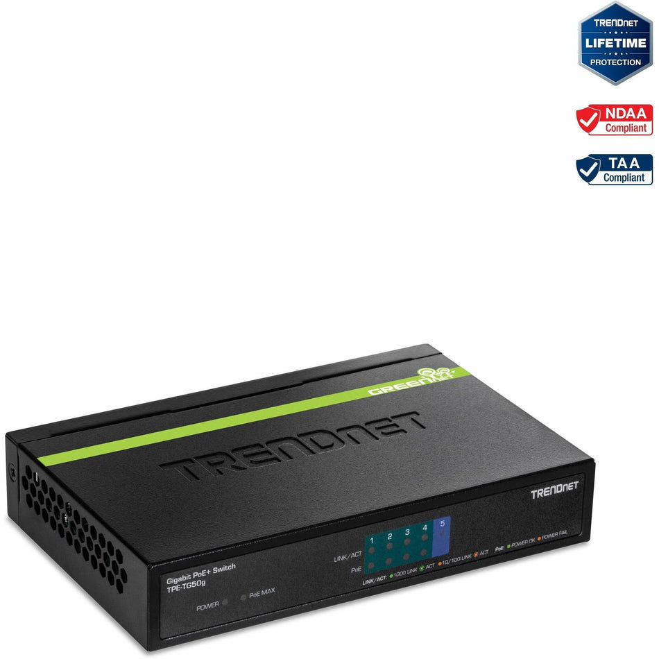 TRENDnet 5-Port Gigabit PoE+ Switch, 31 W PoE Budget, 10 Gbps Switching Capacity, Data & Power Through Ethernet To PoE Access Points And IP Cameras, Full & Half Duplex, Black, TPE-TG50g - TPE-TG50g