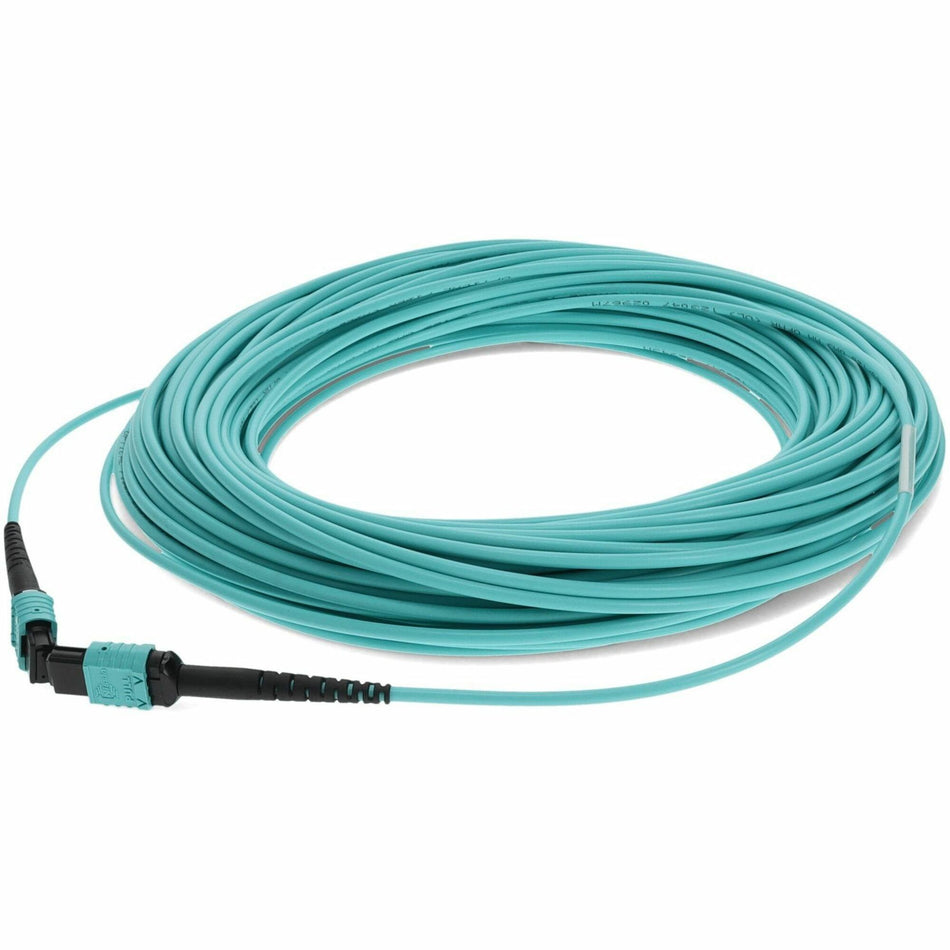 AddOn 50m MPO (Female) to MPO (Female) 12-Strand Aqua OM4 Crossover Fiber OFNR (Riser-Rated) Patch Cable - ADD-MPOMPO-50M5OM4