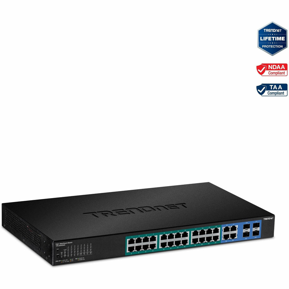 TRENDnet 28-Port Gigabit Web Smart PoE+ Switch, 24 x Gigabit Ports, 4 x Shared Gigabit Ports (RJ-45 or SFP), 185W PoE Budget, 56Gbps Switching Capacity, Lifetime Protection, Black, TPE-2840WS - TPE-2840WS