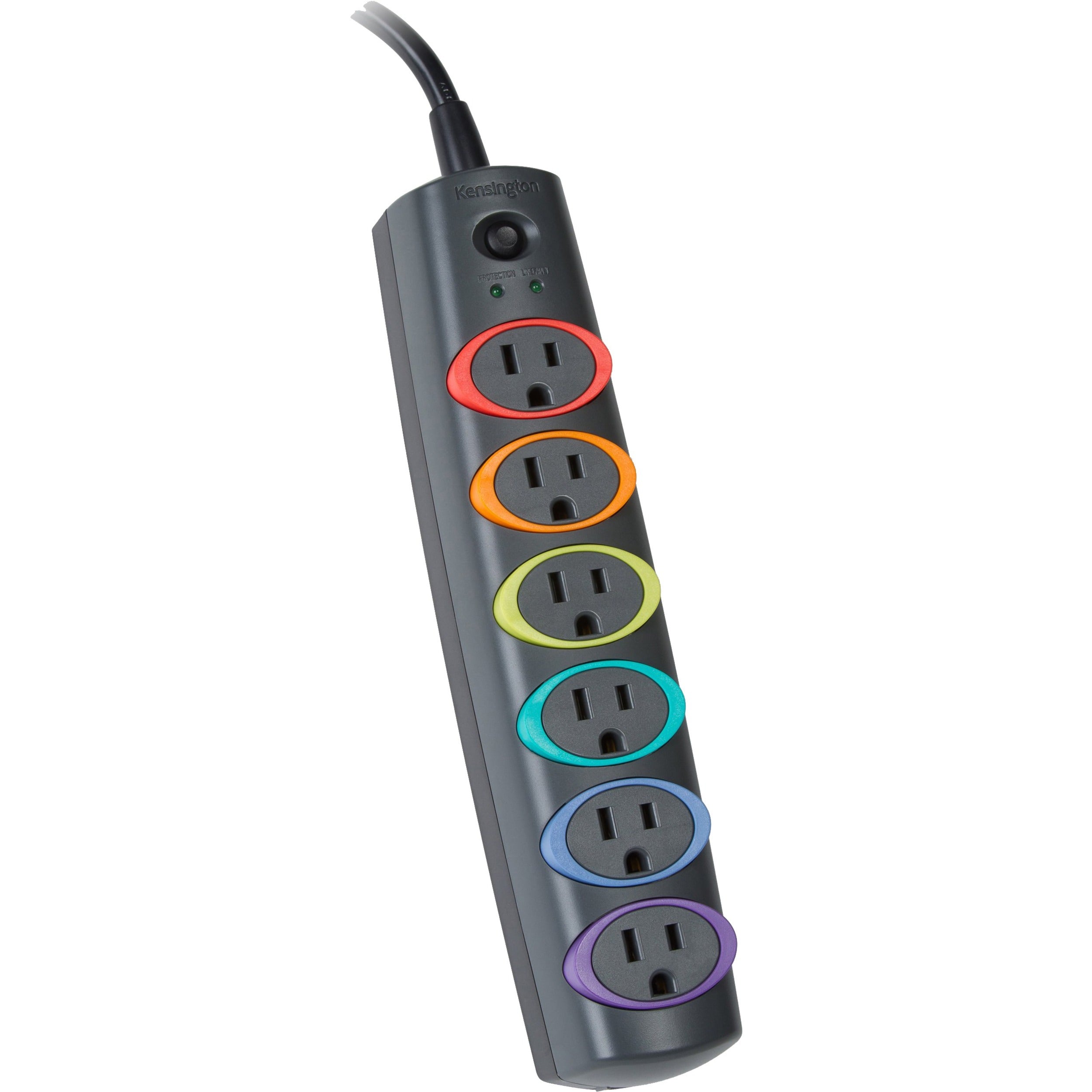 Kensington&reg; SmartSockets&reg; Surge Strip, 370 Joules, 6' Cord, 6 Power & 1 Phone Outlet, Color Coded - K62146NA