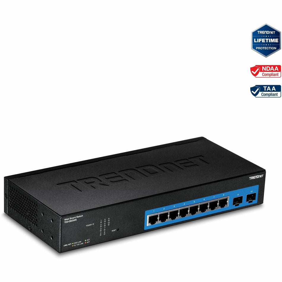 TRENDnet 10-Port Gigabit Web Smart Switch; 20 Gbps Switching Capacity; 8 x RJ-45 Ports; 2 x SFP; Slots; VLAN; QoS; LACP; IPv6 Support; Fanless; Rack Mountable; Lifetime Protection; TEG-082WS - TEG-082WS