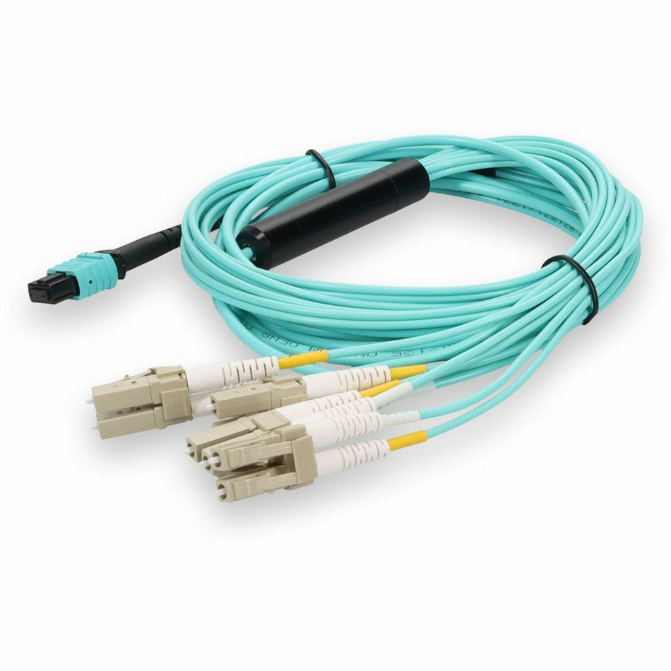 AddOn 10m MPO/UPC to 4xLC Duplex (8xLC)/UPC Aqua OM3 OFNR (Riser-Rated) 8-Strand Fiber Fanout Cable - MTP-4LC-M10M-AO