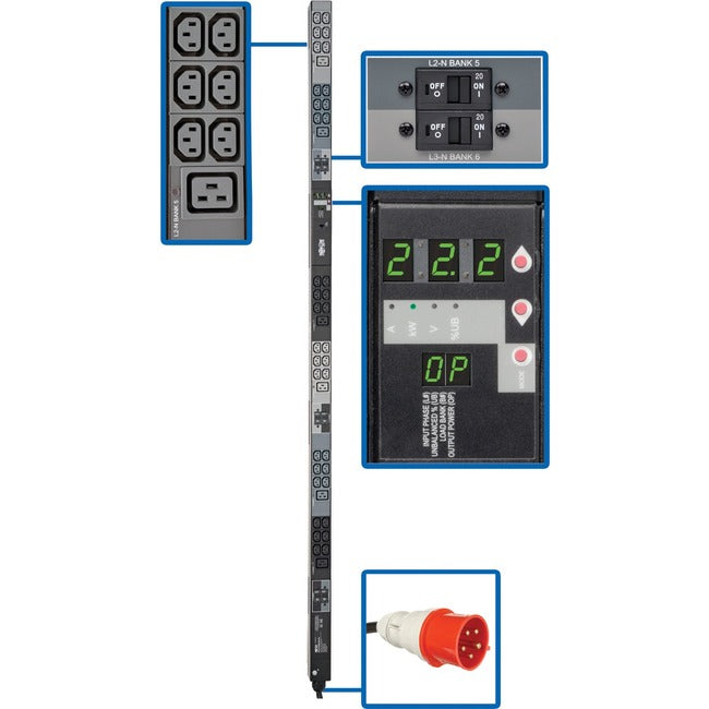 Tripp Lite by Eaton 3-Phase Local Metered PDU, 23kW, 42 208-240V outlets (36 C13, 6 C19), IEC309 32A Red (3P+N+E) 360-415V Input, 0u vertical, TAA - PDU3XMV6G32