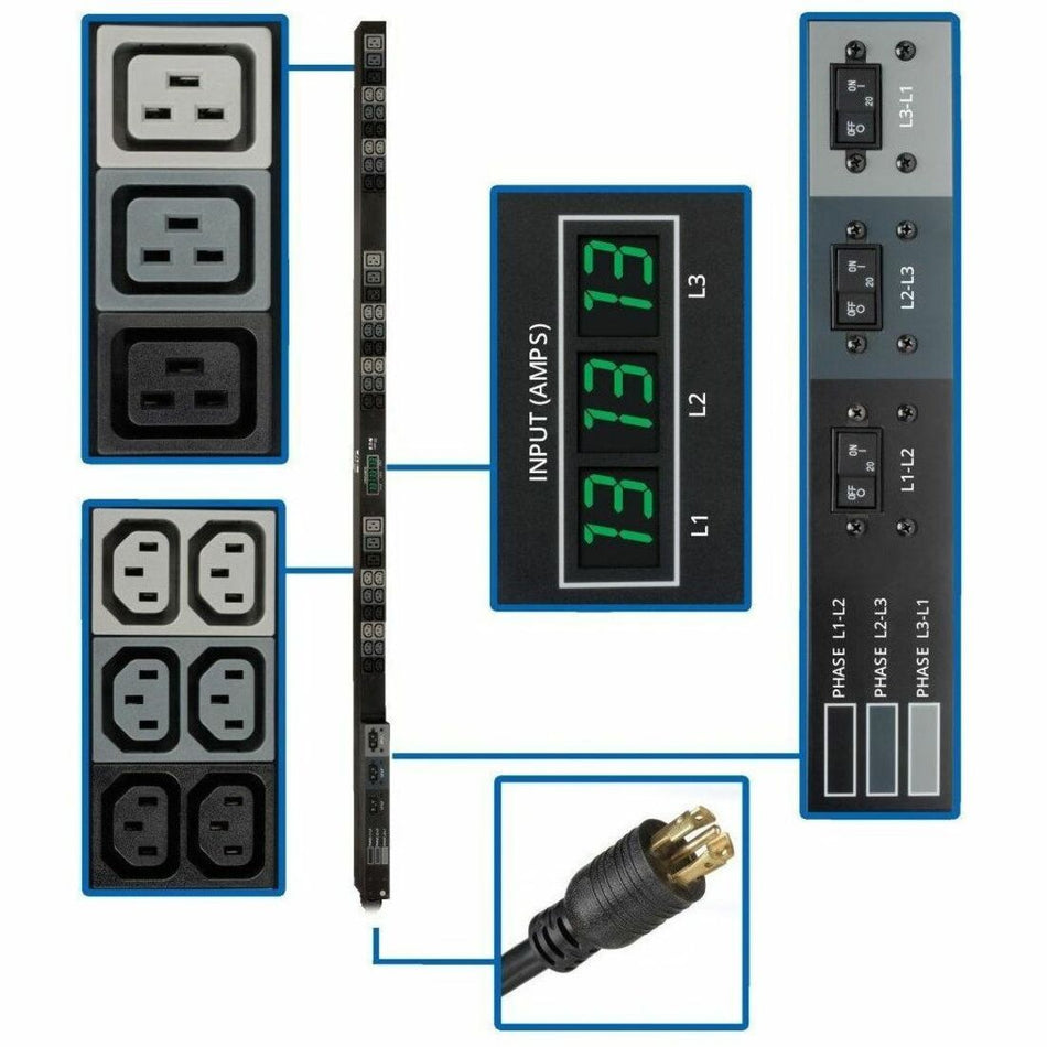 Tripp Lite by Eaton PDU 3-Phase Local Metered PDU 8.6 kW 45 208V outlets (36 C13 9 C19) 6 ft. (1.83 m) NEMA L21-30P Input connection TAA Compliant - PDU3MV6L2130A