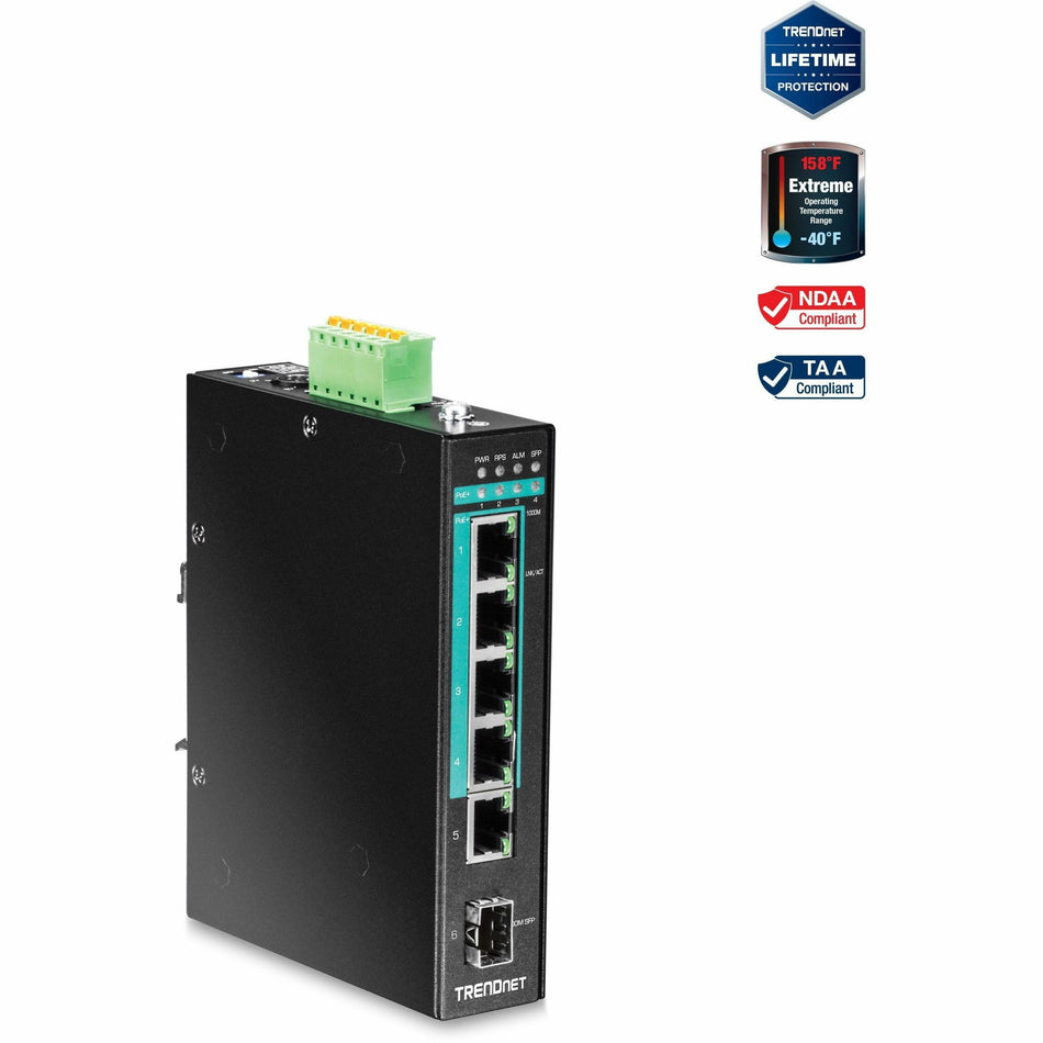 TRENDnet 5-Port Hardened Industrial Gigabit PoE+ DIN-Rail Switch, 120W Power Budget, 1 x SFP Slot, IP30 Rated, Unmanaged Switch, Gigabit PoE+ Network Switch, Lifetime Protection, Black, TI-PG541 - TI-PG541