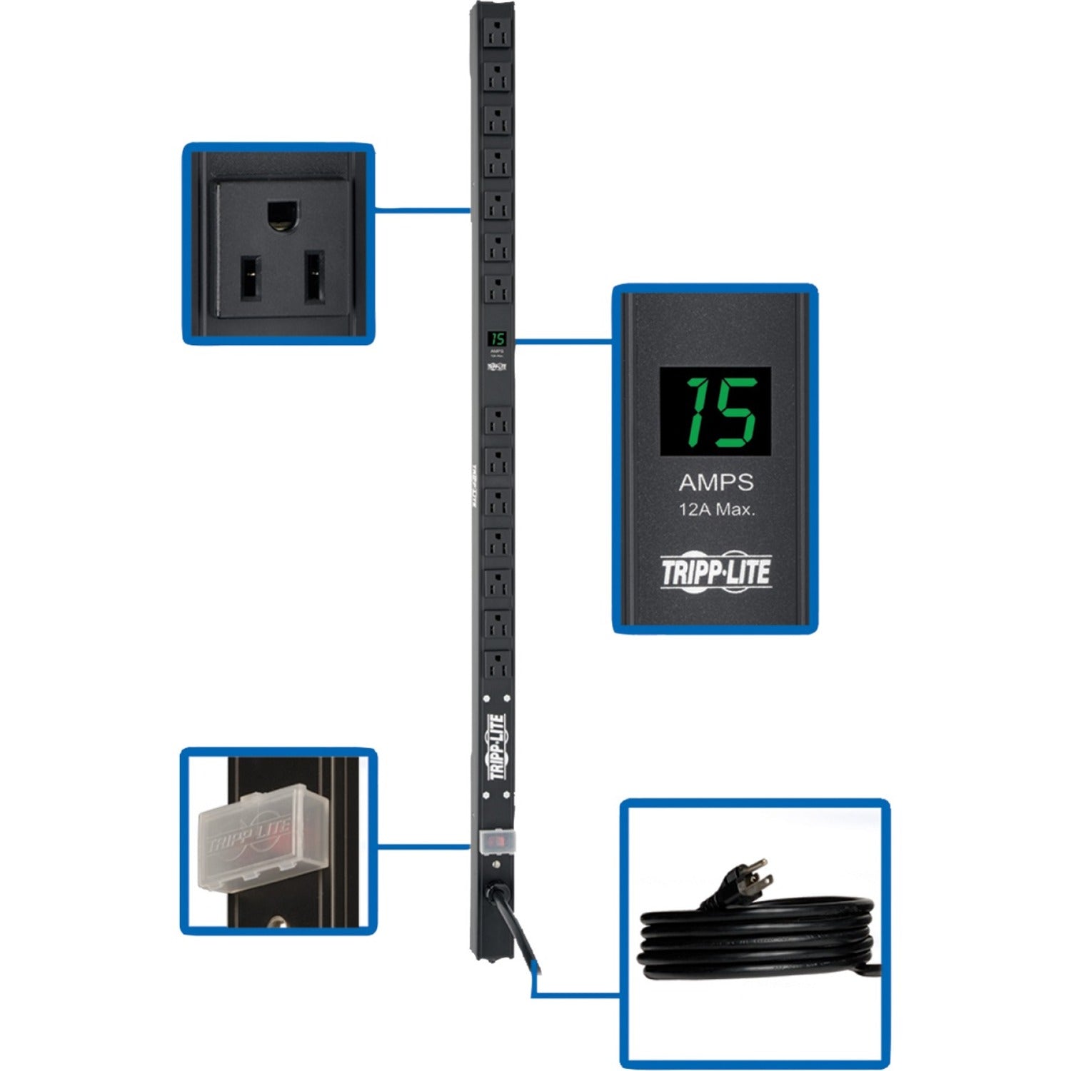 Tripp Lite by Eaton 1.5kW Single-Phase Local Metered PDU, 100-127V Outlets (14 5-15R), 5-15P, 15 ft. (4.57 m) Cord, 0U Vertical, 36 in. - PDUMV15-36