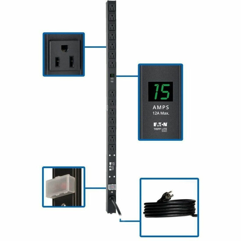 Tripp Lite by Eaton PDU 1.5kW Single-Phase Local Metered PDU 100-127V Outlets (14 5-15R) 5-15P 15 ft. (4.57 m) Cord 0U Vertical 36 in. - PDUMV15-36