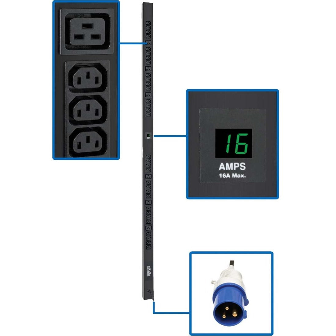 Tripp Lite by Eaton 3.7kW Single-Phase Local Metered PDU, 208/230V Outlets (32-C13, 6-C19), IEC309 16A Blue 16A, 0U Vertical - PDUMV16HV