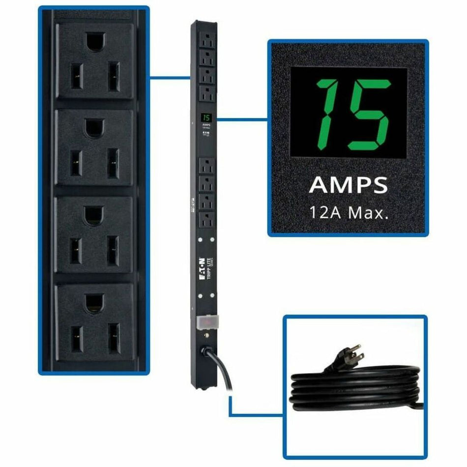 Tripp Lite by Eaton PDU 1.5kW Single-Phase Local Metered PDU 100-127V Outlets (8 5-15R) 5-15P 15 ft. (4.57 m) Cord 0U Vertical 24 in. - PDUMV15-24