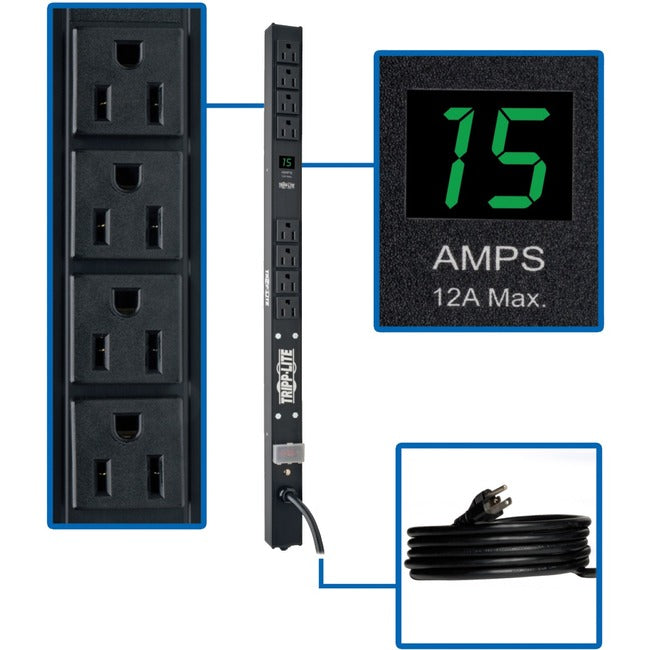 Tripp Lite by Eaton 1.5kW Single-Phase Local Metered PDU, 100-127V Outlets (8 5-15R), 5-15P, 15 ft. (4.57 m) Cord, 0U Vertical, 24 in. - PDUMV15-24