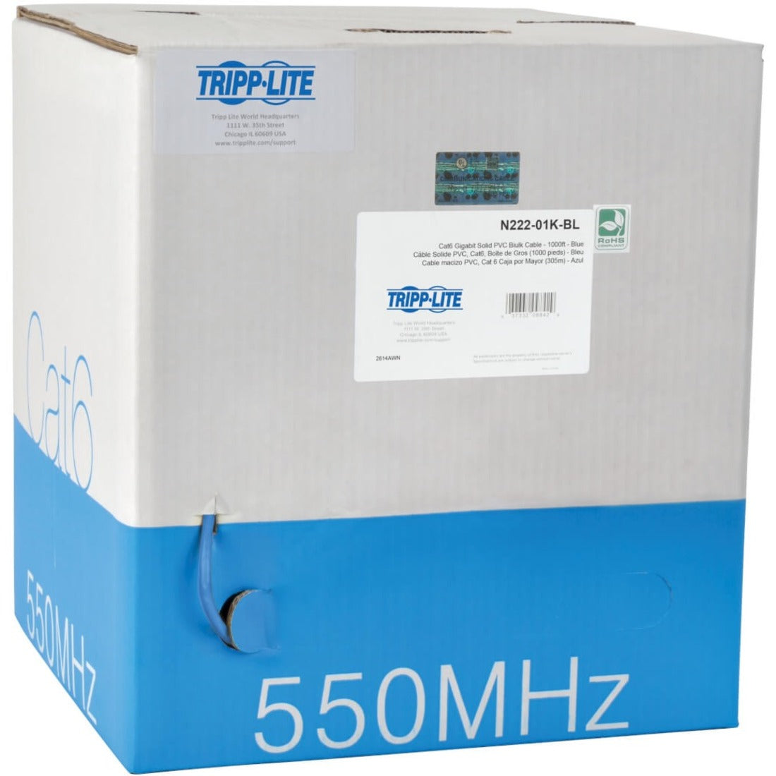 Tripp Lite by Eaton Cat6 Gigabit Solid Core UTP PVC Bulk Ethernet Cable Blue 1000 ft. (304.8 m) TAA - N222-01K-BL
