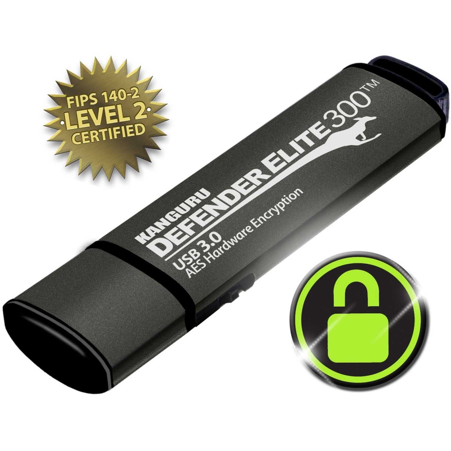 Kanguru Defender Elite300&trade; FIPS 140-2 Certified, AES XTS 256-Bit Hardware Encrypted USB 3 Secure Flash Drive with Physical Write Protect Switch, 32G - KDFE300-32G