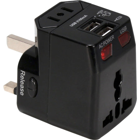 QVS Premium World Travel Power Adaptor with Surge Protection & 2.1A Dual-USB Charger - PA-C4BK