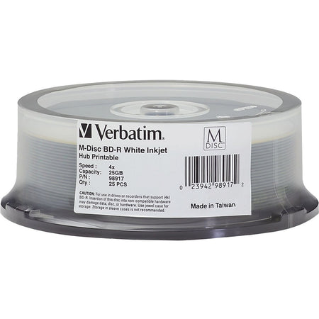 Verbatim M-Disc BD-R 25GB 4X White Inkjet Printable, Hub Printable - 25pk Spindle - 98917