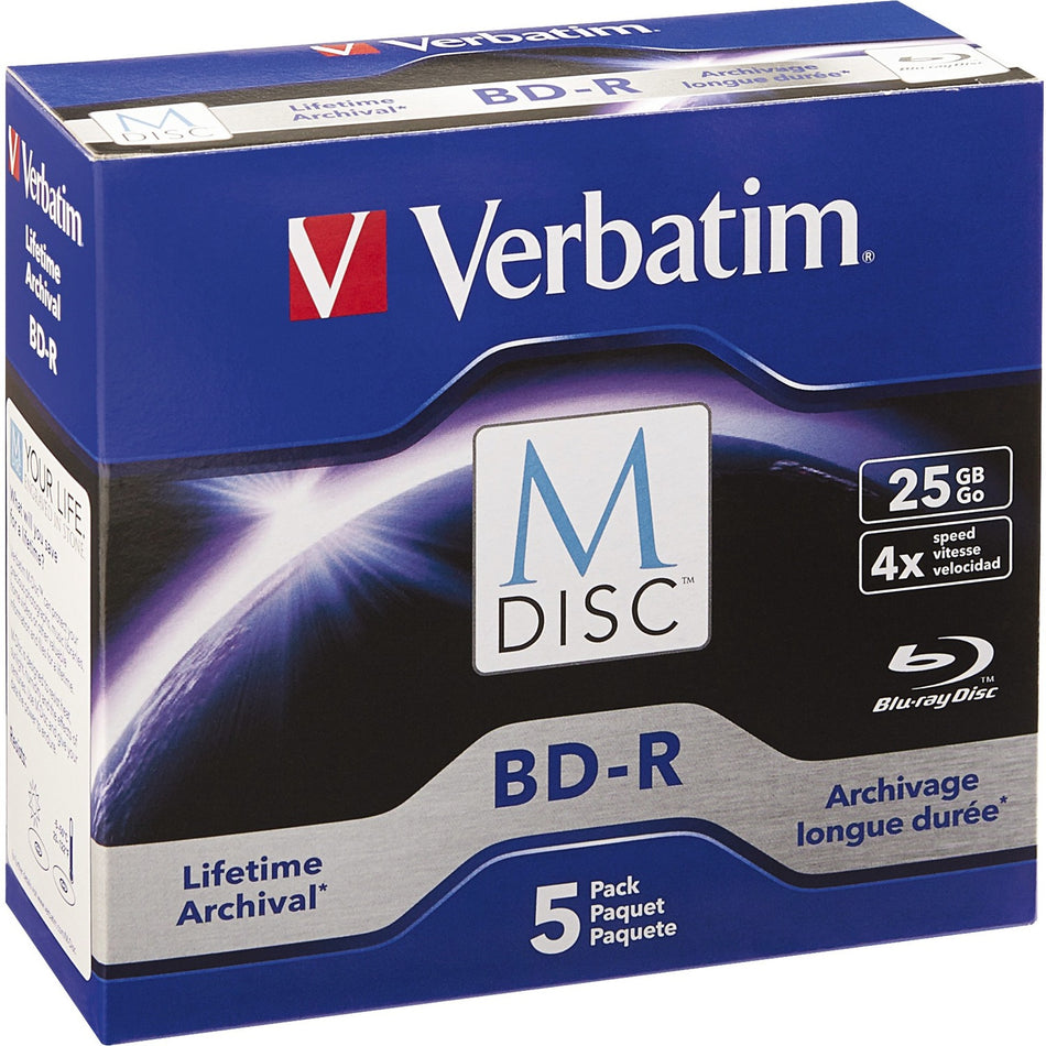 Verbatim M-Disc BD-R 25GB 4X with Branded Surface - 5pk Jewel Case Box - 98900