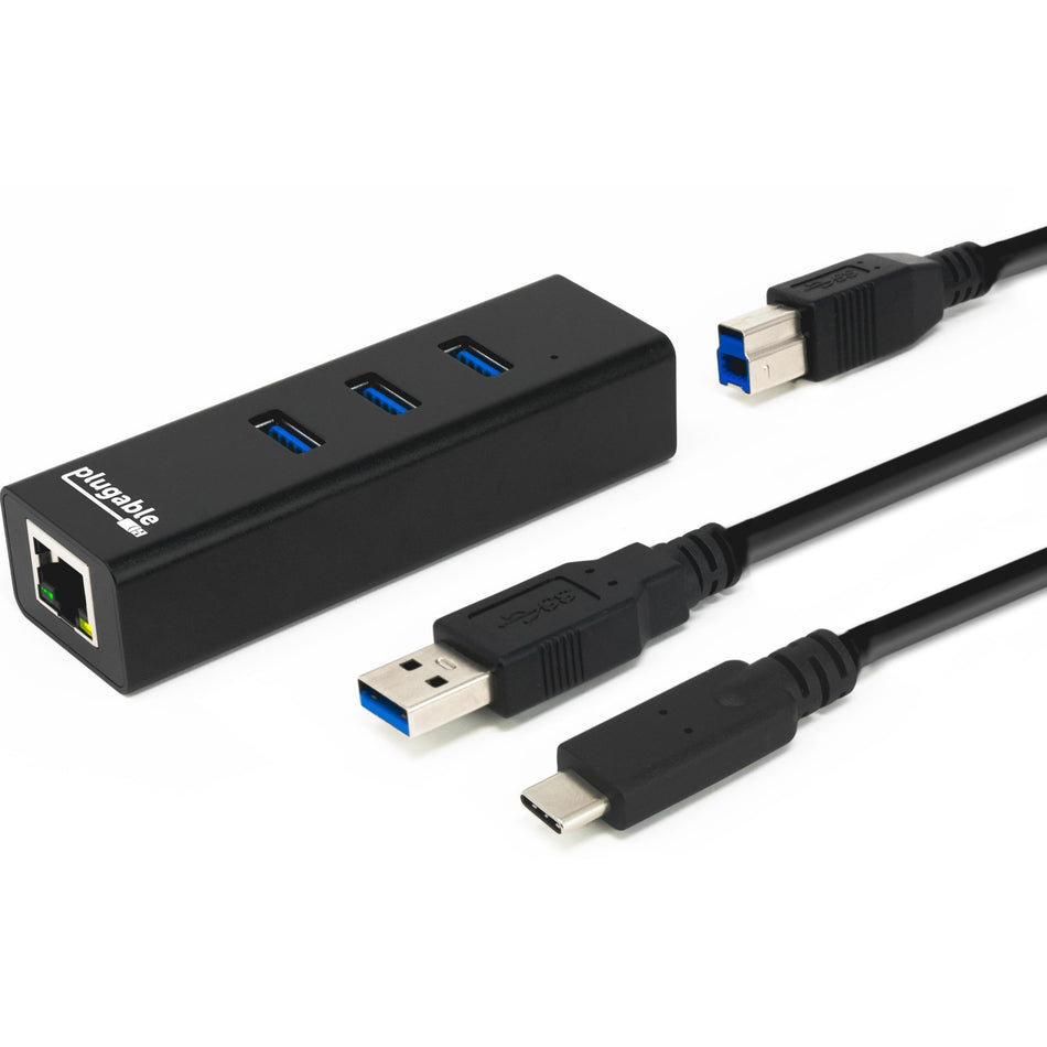 Plugable USB Hub with Ethernet, 3 Port USB 3.0 Bus Powered Hub with Gigabit Ethernet - USB3-HUB3ME