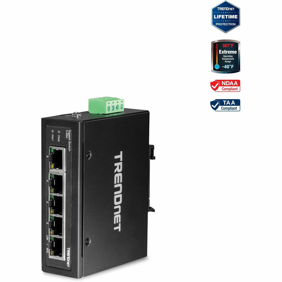TRENDnet 5-Port Hardened Industrial Gigabit DIN-Rail Switch, TI-G50, 10 Gbps, IP50 Rated, Ethernet Splitter, NDAA & TAA Compliant, DIN-Rail and Wall Mounts Included, Lifetime Protection, Black - TI-G50