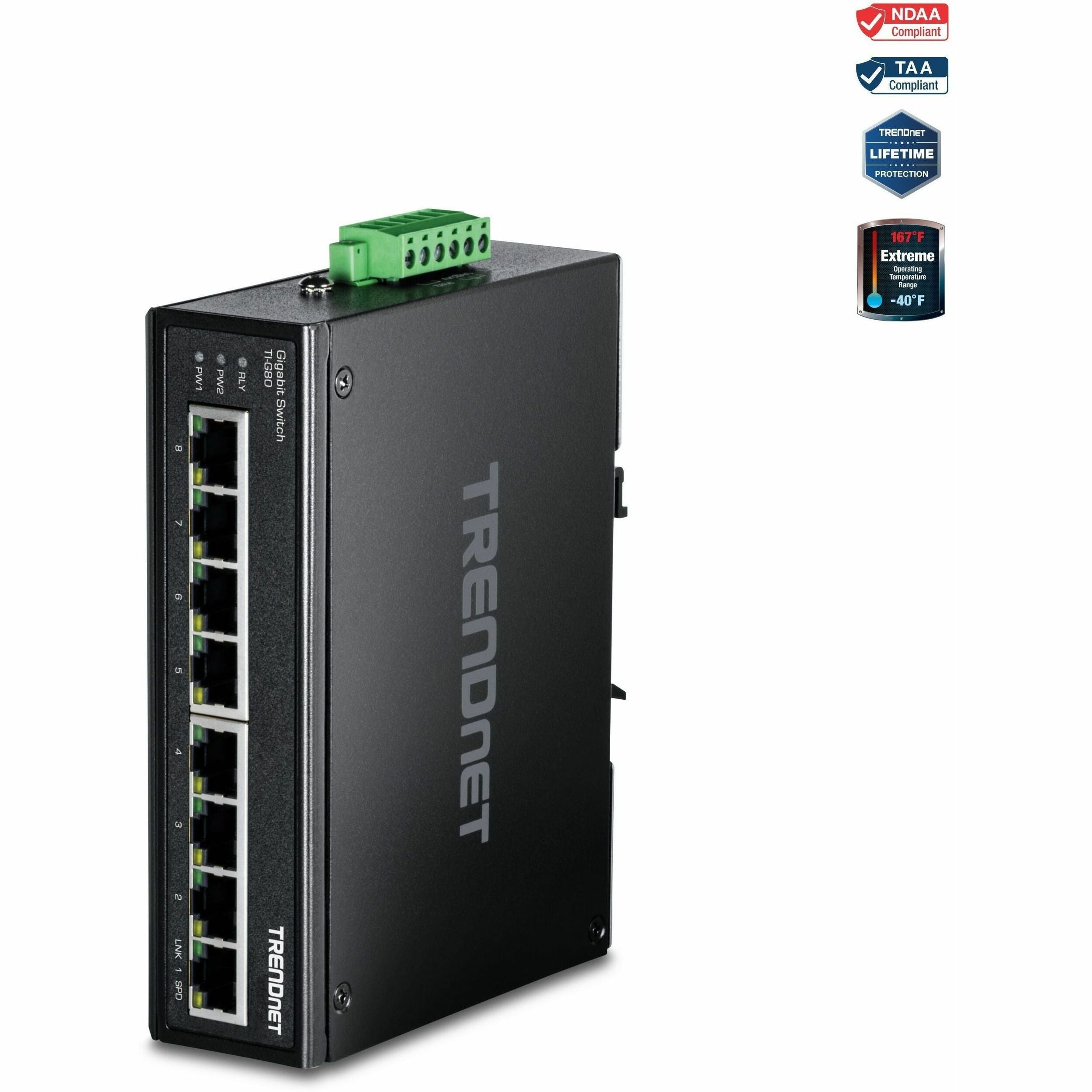 TRENDnet 8-Port Industrial Gigabit Ethernet DIN-Rail Switch, TI-G80, 8 x Gigabit Ethernet Ports, IP50 Rated, 16Gbps Switching Capacity, NDAA TAA Compliant, Lifetime Protection - TI-G80