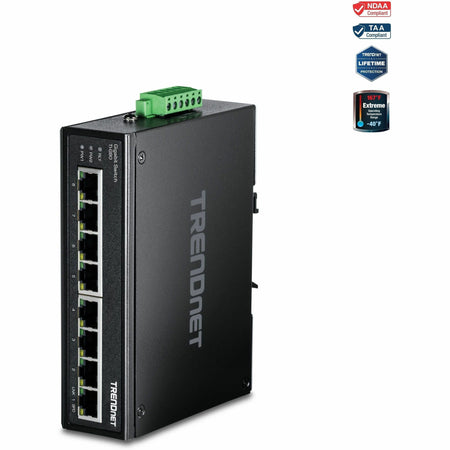 TRENDnet 8-Port Industrial Gigabit Ethernet DIN-Rail Switch, TI-G80, 8 x Gigabit Ethernet Ports, IP50 Rated, 16Gbps Switching Capacity, NDAA TAA Compliant, Lifetime Protection - TI-G80