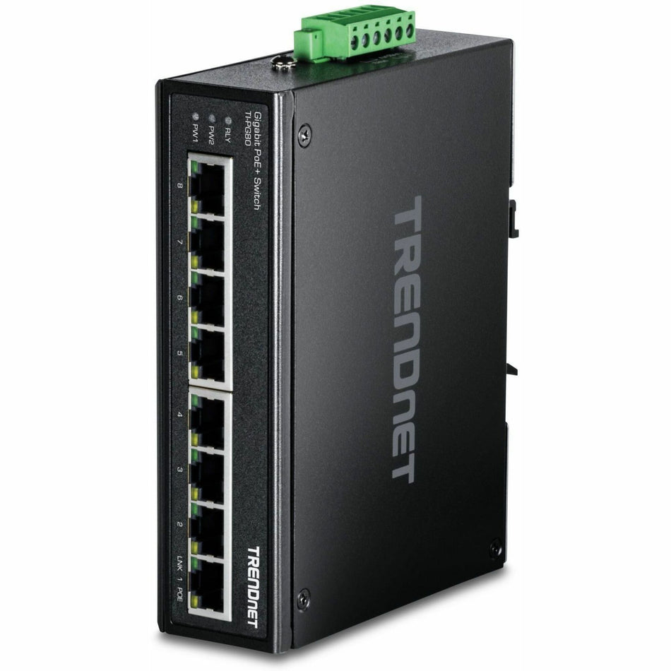 TRENDnet 8-Port Industrial Gigabit PoE+ DIN-Rail Switch, TI-PG80, 8 x Gigabit PoE+ Ports, 200W PoE Power Budget, 16Gbps Switching Capacity, NDAA TAA Compliant, Lifetime Protection - TI-PG80